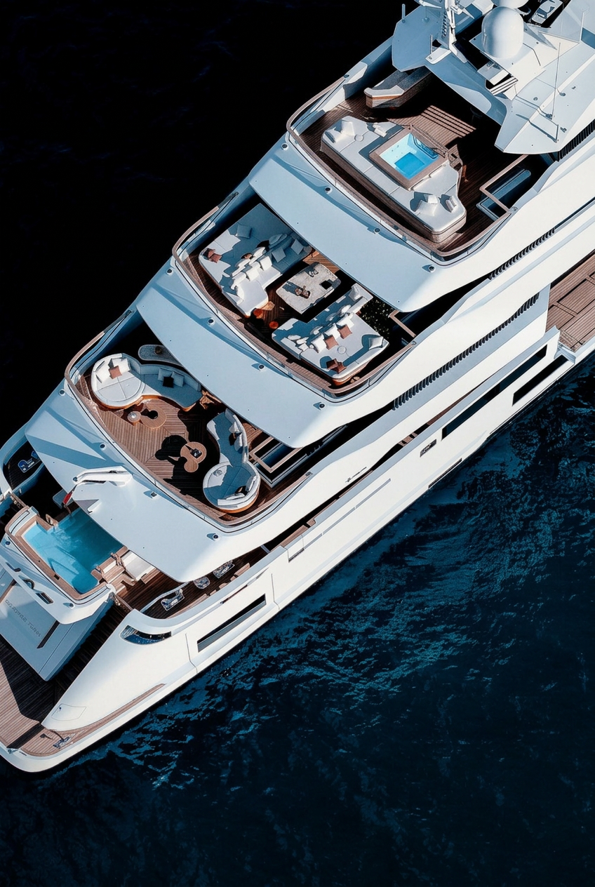 Aerial view of a modern superyacht represented through private acquisition search